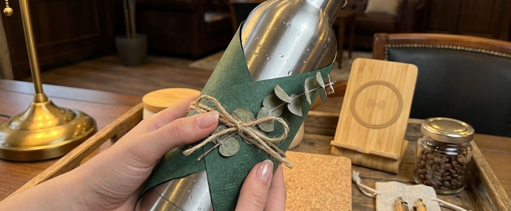 Handen presenteren premium roestvrijstalen waterfles in duurzame verpakking met bamboe zakelijke geschenken