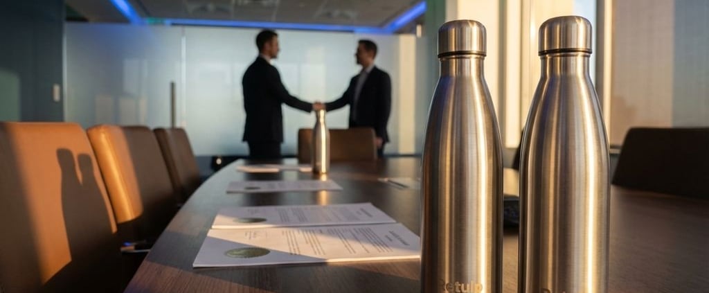 Twee Retulp roestvrijstalen waterflessen op een elegante bestuurskamertafel met juridische documenten en warme verlichting