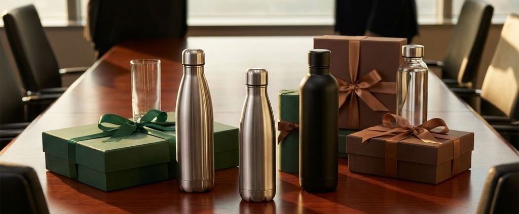 Luxe zakelijke cadeaus met duurzame waterflessen en giftboxen op mahonie vergadertafel met gouden verlichting