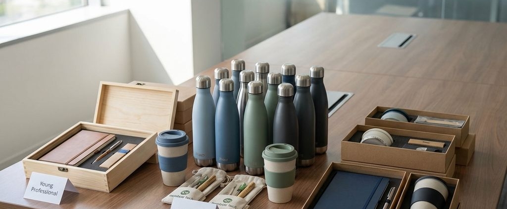 Diverse zakelijke cadeaus georganiseerd op houten vergadertafel met duurzame waterflessen, geschenkdozen en eco-accessoires