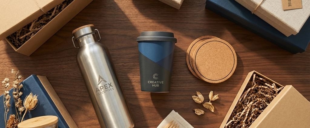 Houten bureau met hoogwaardige bedrijfsgeschenken: gegraveerde waterfles, thermische koffiebeker en duurzame drinkbekers