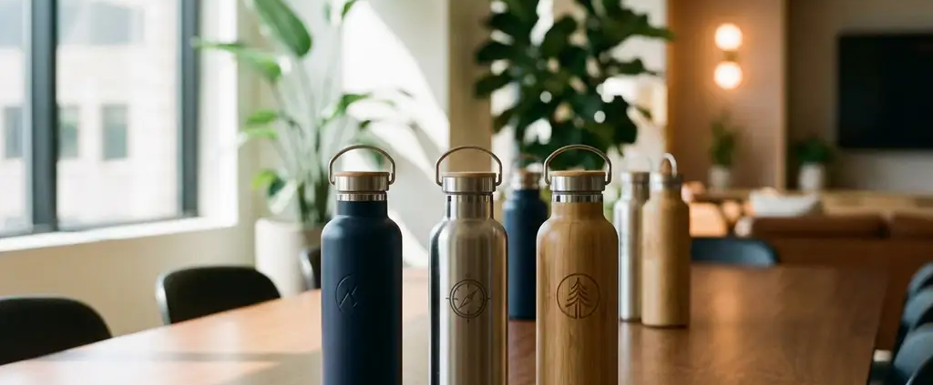 Diverse herbruikbare waterflessen met bedrijfslogo's op moderne conferentietafel in kantoor met natuurlijk licht