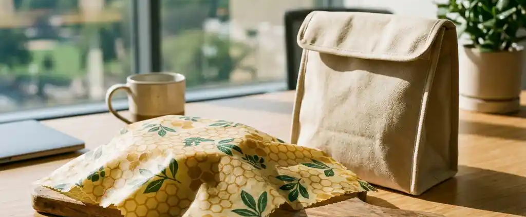 Herbruikbare bijenwas foodwrap op houten snijplank naast canvas lunchtas op bamboe bureau in moderne kantoorkeuk
