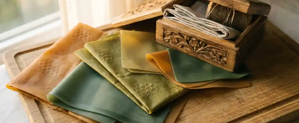 Elegante eco-vriendelijke voedselverpakkingen in verschillende maten op bamboe snijplank met bijenwasdoeken en siliconen alternatieven
