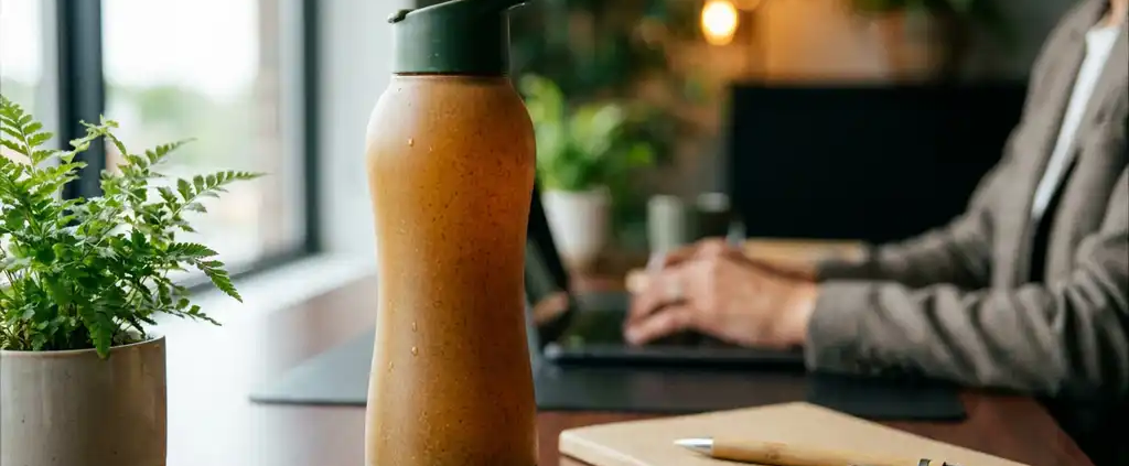 Bio-gebaseerde sportfles in aardtinten op moderne directiebureau met duurzame kantoorbenodigdheden en groene planten op achtergrond