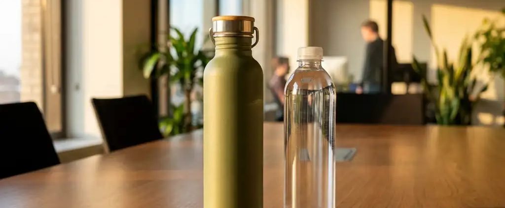 Bio-gebaseerde sportfles met matte aardse afwerking naast transparante plastic waterfles op gepolijste houten vergadertafel