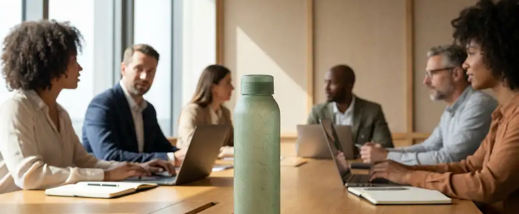 Bio-gebaseerde waterfles met bamboevezel textuur op conferentietafel tijdens zakelijke teamvergadering met professionals