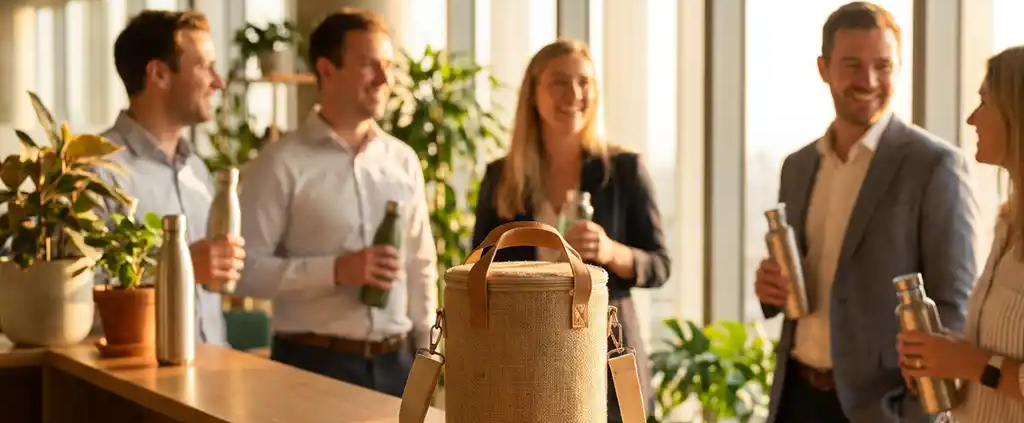 Geïsoleerde eco koeltas met henneptextuur op moderne receptiebalie, omringd door medewerkers met herbruikbare flessen