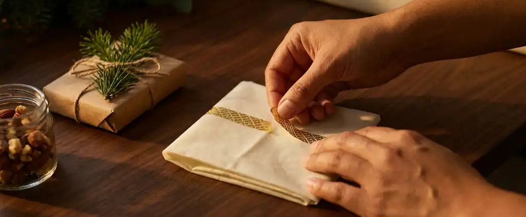 Handen die elegante goudfolie branding aanbrengen op witte eco-vriendelijke voedselverpakking op houten bureau met dennentakjes