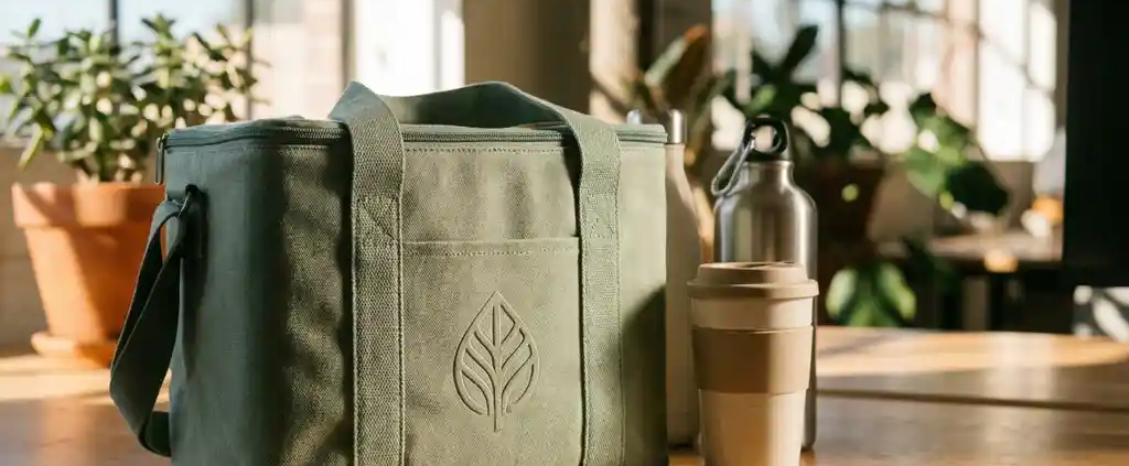 Milieuvriendelijke koeltas met bedrijfslogo op natuurlijk canvas naast herbruikbare waterfles op modern bureau