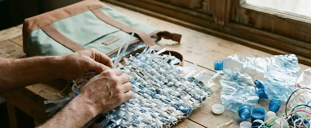 Handen van een arbeider die gerecyclede plastic flessen tot isolatiemateriaal voor een eco-koeltas verwerkt op houten werkbank