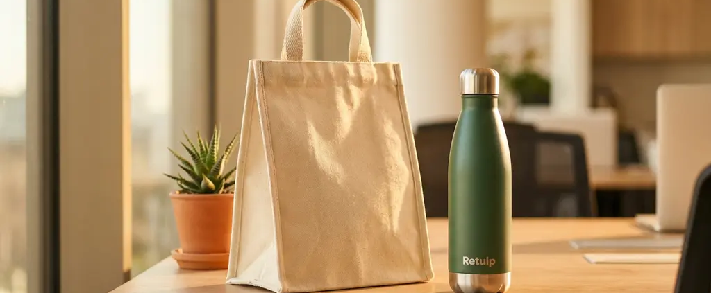 Canvas lunchtas en Retulp waterfles op houten bureau met succulent in gouden zonlicht