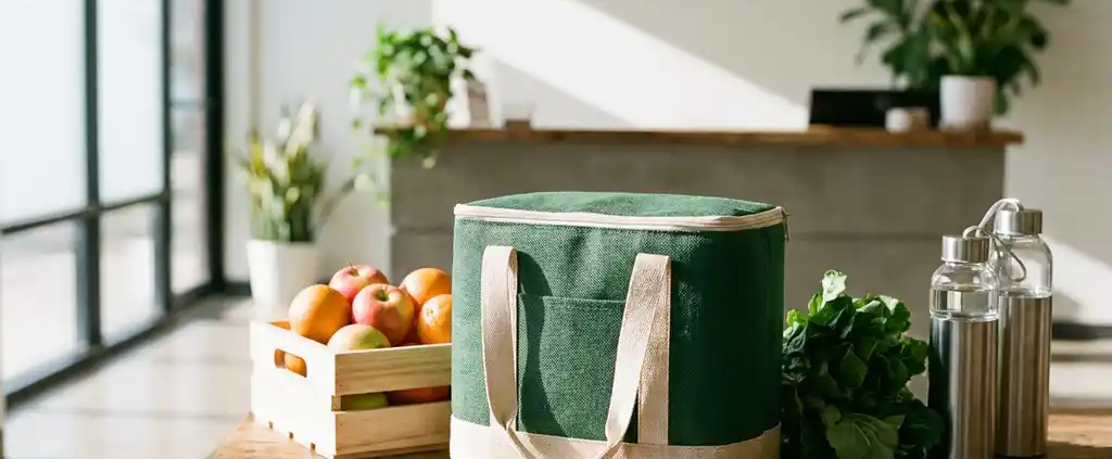 Duurzame geïsoleerde koeltas van gerecyclede materialen op moderne receptiebalie met biologische producten en herbruikbare waterflessen
