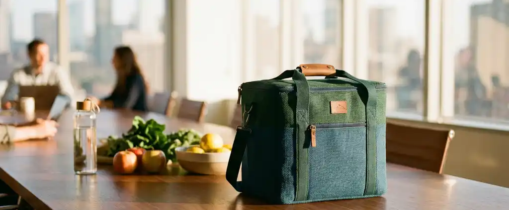Luxe eco-vriendelijke koeltas van gerecycled oceaanplastic op houten vergadertafel met biologische producten en herbruikbare waterfles