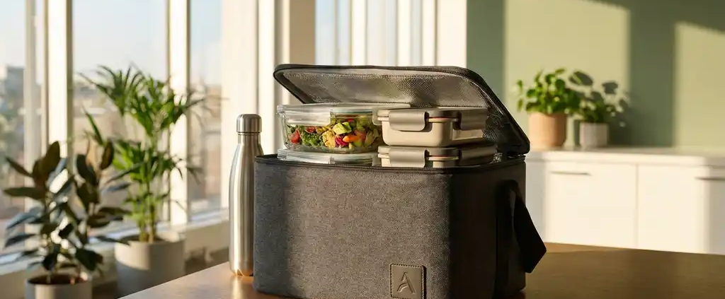 Geïsoleerde koeltas met gezonde salades en lunchcontainers op moderne kantoorkeukentafel, herbruikbare waterfles ernaast
