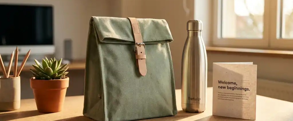 Herbruikbare lunchtas van natuurlijk canvas op modern bureau naast waterfles en welkomstkaart in warm zonlicht
