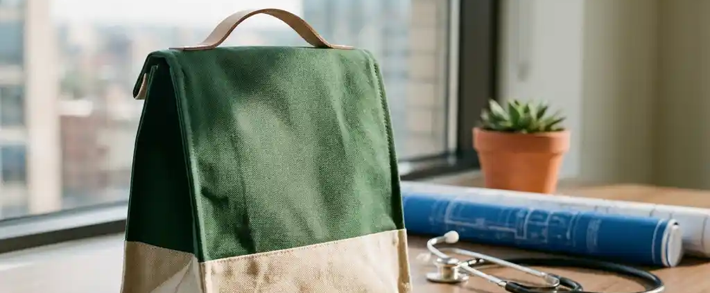 Duurzame herbruikbare lunchtas in bosgroen op modern kantoorbureau met stethoscoop, blauwdrukken en plantje