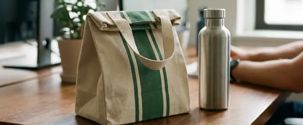 Canvas lunchtas en roestvrijstalen waterfles op houten bureau in modern kantoor met natuurlijk licht