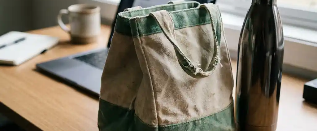 Versleten canvas lunchtas met zichtbare plooien naast waterles op modern kantoorbureau tussen laptop en koffiemok