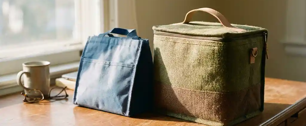 Milieuvriendelijke geïsoleerde koeltas van gerecyclede materialen naast traditionele lunchtas op houten bureau