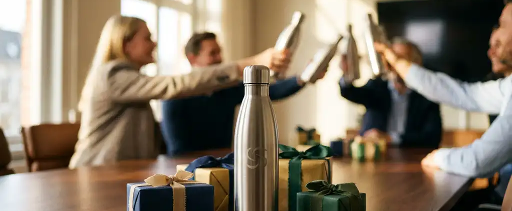 Stalen waterfles op vergadertafel met cadeaudozen en linten, collega's proosten op achtergrond in kantoor