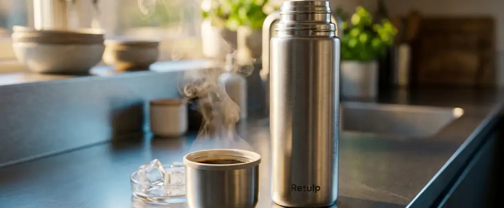 Retulp thermosfles van roestvrij staal op keukenblad met stoom uit hete koffie, ijsblokjes en warm ochtendlicht