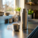 Retulp thermosfles van roestvrij staal op keukenblad met stoom uit hete koffie, ijsblokjes en warm ochtendlicht