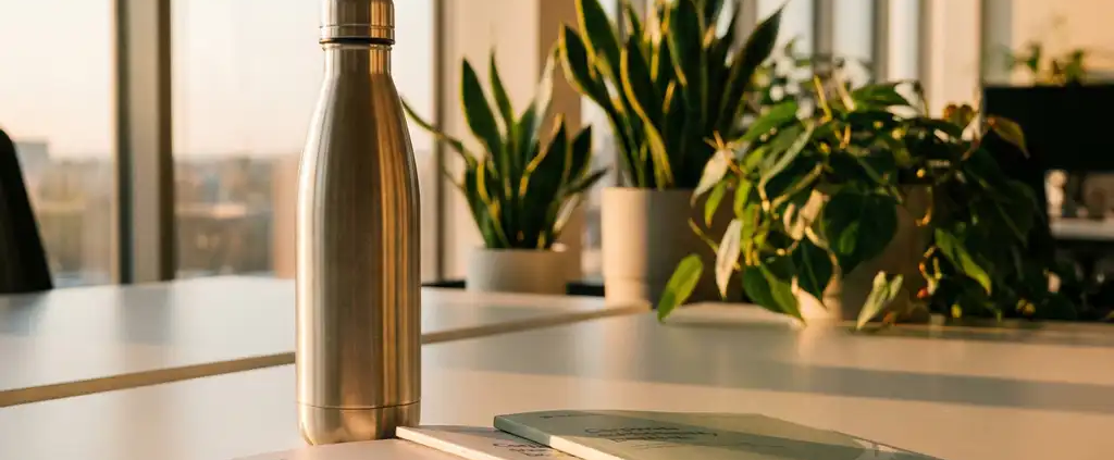 Roestvrijstalen drinkfles op modern bureau naast duurzaamheidsrapporten, gouden zonlicht door ramen