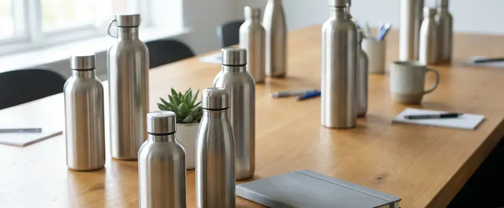 Roestvrijstalen waterflessen in verschillende maten op houten vergadertafel met notitieboeken en vetplant