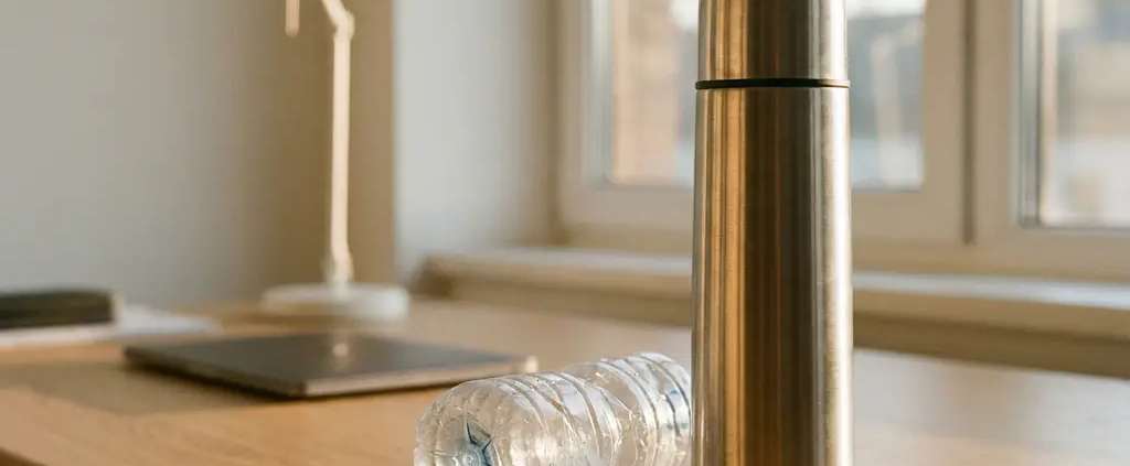 RVS thermosfles met geborstelde afwerking naast wegwerpbare plastic fles op modern bureau, warme natuurlijke verlichting
