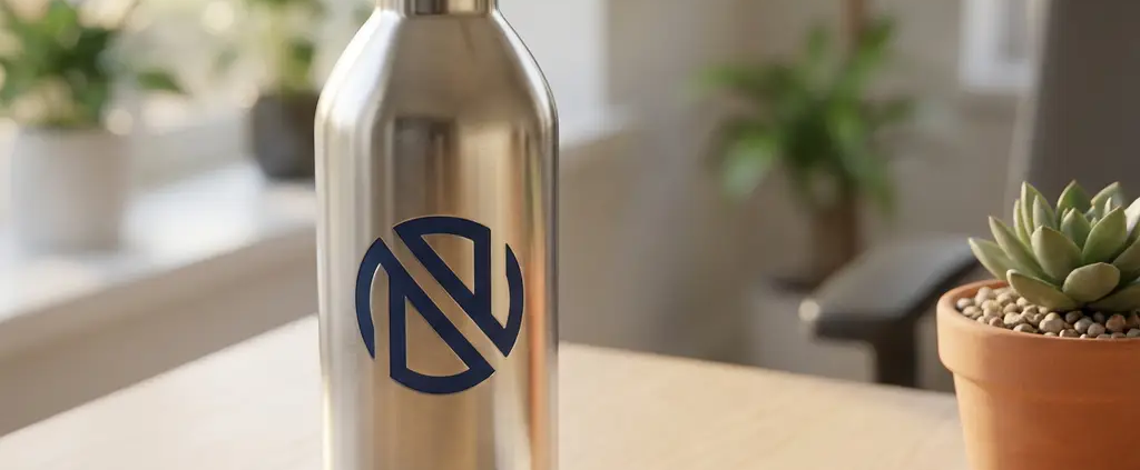 Roestvrijstalen waterfles met marineblauw bedrijfslogo op houten bureau naast visitekaartjes en vetplant