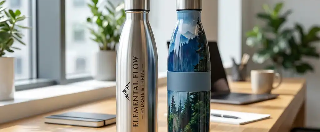 Twee roestvrijstalen waterflessen met gegraveerde en gedrukte ontwerpen op houten bureau in modern kantoor