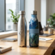 Twee roestvrijstalen waterflessen met gegraveerde en gedrukte ontwerpen op houten bureau in modern kantoor