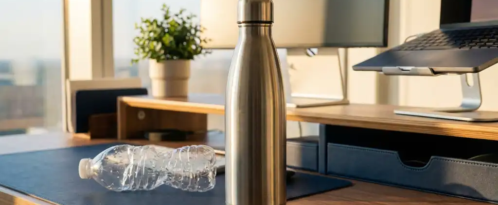 Stalen herbruikbare waterfles naast verfrommelde plastic fles op modern kantoorbureau met natuurlijk licht