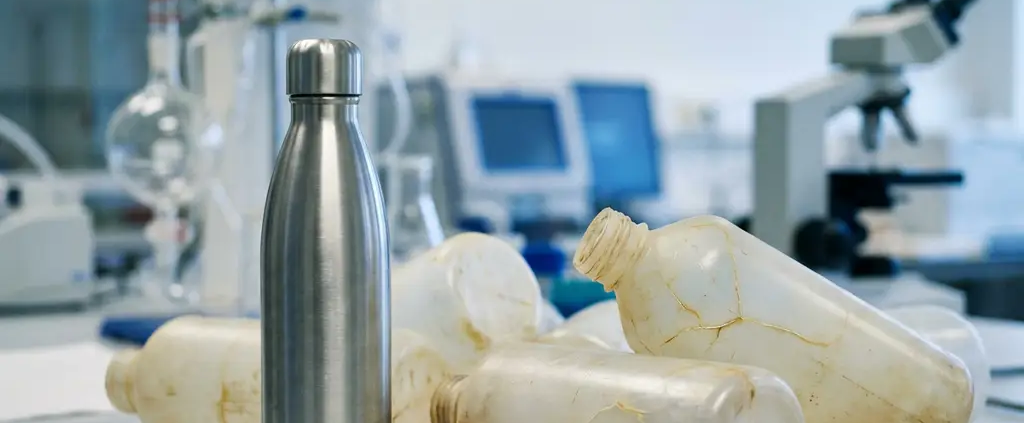 Roestvrijstalen waterfles met matte afwerking op laboratoriumtafel, omringd door gebarsten plastic flessen en wetenschappelijke apparatuur