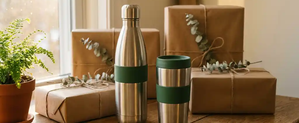 Roestvrijstalen herbruikbare waterfles en thermobeker op eiken bureau met duurzame kraftpapieren cadeaudozen en groen plantje.