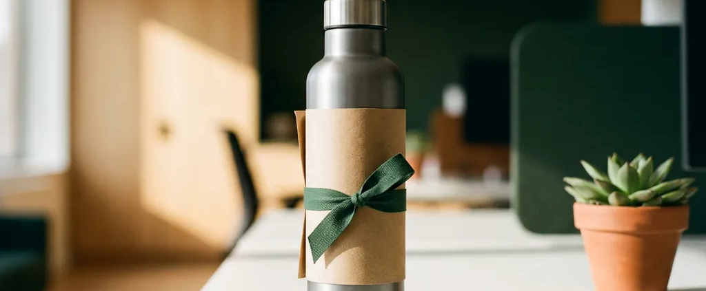 Roestvrijstalen herbruikbare waterfles verpakt in kraftpapier met groen lint, naast een succulent op wit bureau.