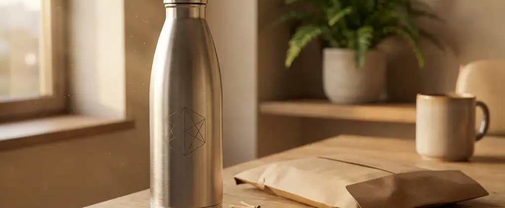 Gegraveerde roestvrijstalen drinkfles op eikenhouten bureau met kraftpapier en cadeaulabel, zachte kantoorsfeer met groene plant op achtergrond.