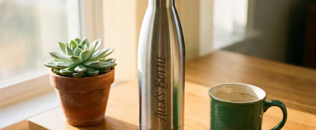 Gepersonaliseerde roestvrijstalen herbruikbare drinkfles op houten bureau naast succulent en keramische koffiemok, warm ochtendlicht.