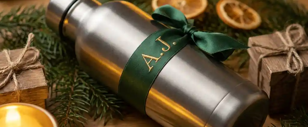 Matte roestvrijstalen drinkfles met gepersonaliseerde strik tussen dennentakken en houten cadeaudozen in warm kaarslicht.
