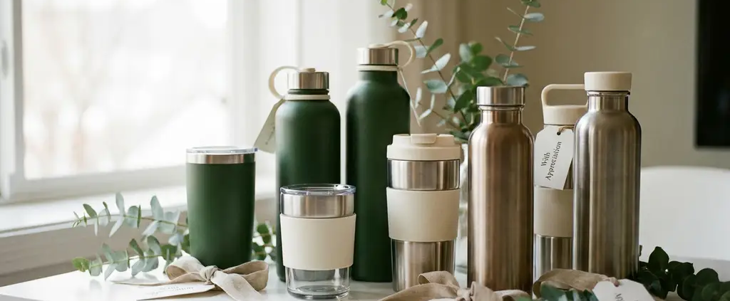Roestvrijstalen herbruikbare waterflessen en geïsoleerde koffietumblers als personeelsgeschenken op wit bureau, met eucalyptustakjes.