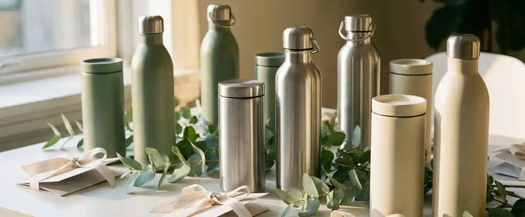 Roestvrijstalen herbruikbare waterflessen en thermosbekers als personeelsgeschenken op wit bureau, versierd met eucalyptustakjes en branded lint.