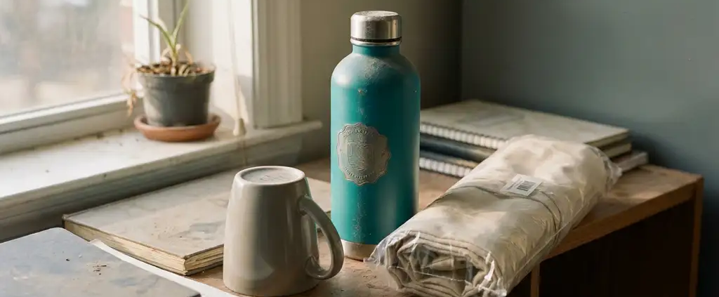 Ongebruikte promotionele items op een rommelig kantoorplank: herbruikbare waterfles, omgekeerde koffiemok en ingepakte tote bag.