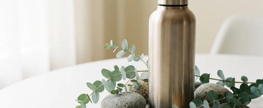 Roestvrijstalen herbruikbare waterfles met matte afwerking tussen eucalyptustakjes en rivierkeien op wit oppervlak.
