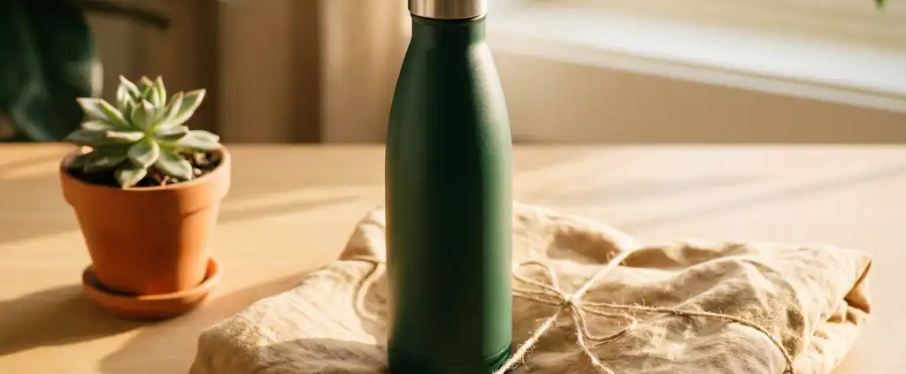 Roestvrij stalen herbruikbare waterfles op linnen cadeaupapier naast een kleine vetplant, warm ochtendlicht op wit eikenhouten bureau.