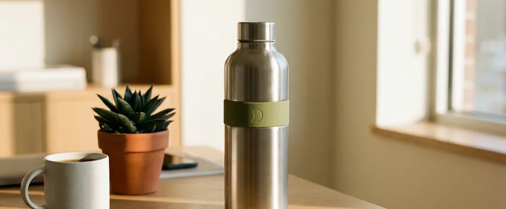 Roestvrij stalen herbruikbare waterfles op modern bureau naast keramische koffiebeker en vetplantje, warm zijdelings licht.