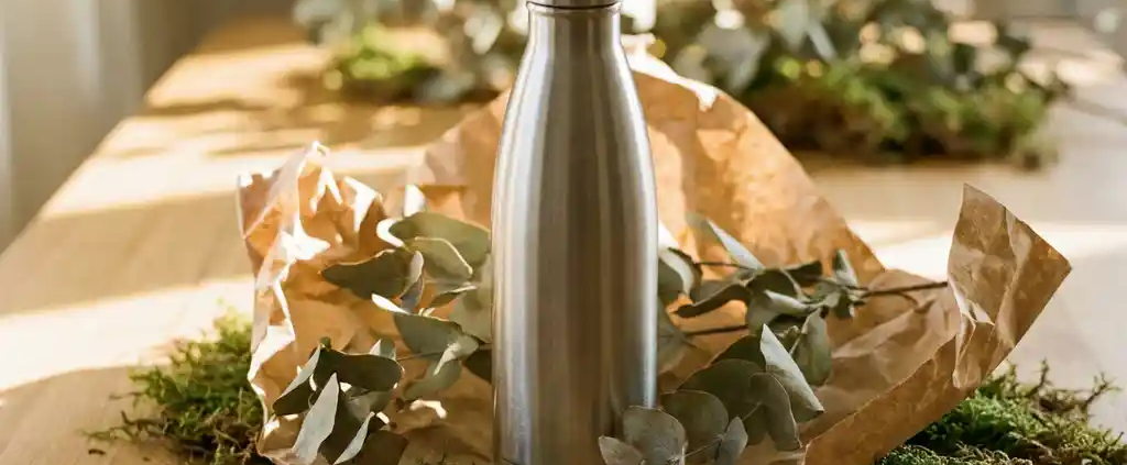 Roestvrij stalen herbruikbare waterfles met matte afwerking tussen gedroogde eucalyptustakken en kraft papier op een lichte eiken ondergrond.