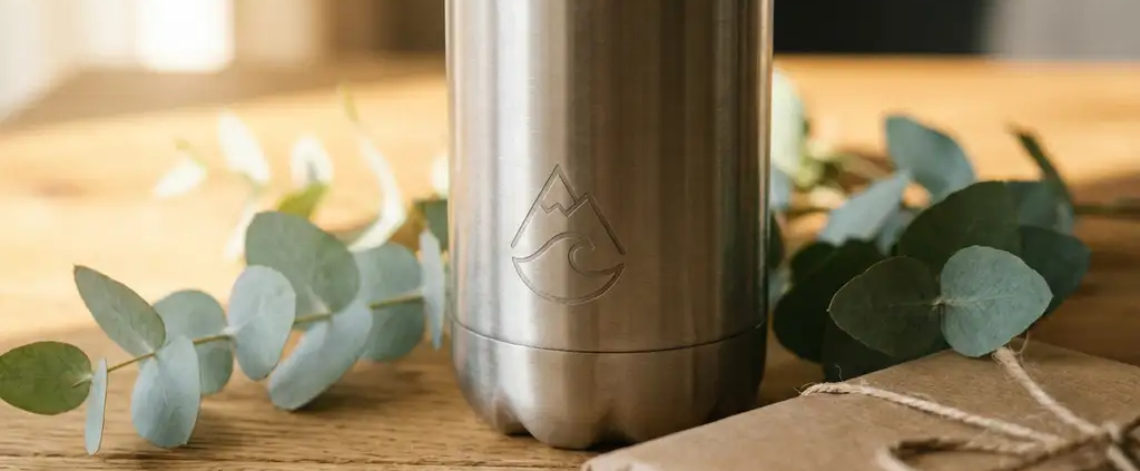 Gepersonaliseerde roestvrijstalen herbruikbare waterfles met gegraveerd logo op eikenhouten bureau, omringd door eucalyptustakjes en kraftpapier.