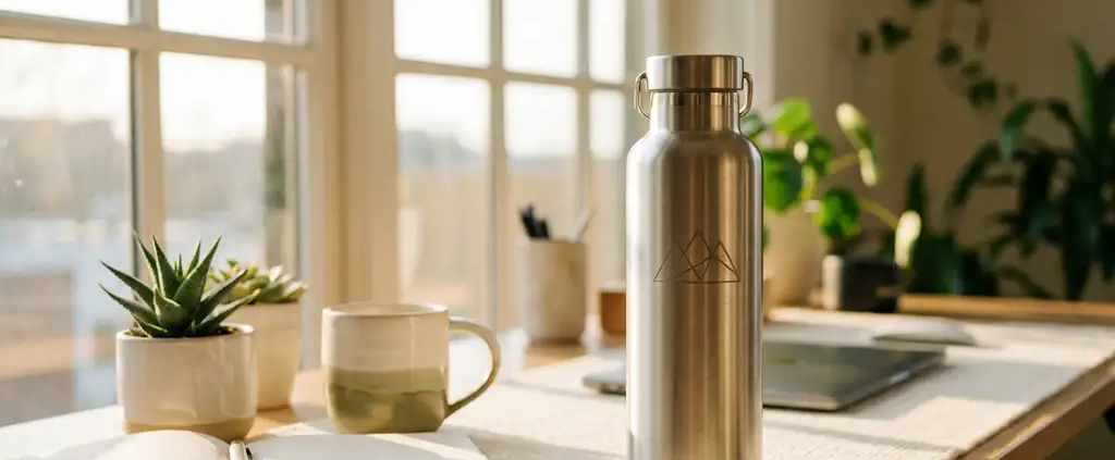 Gegraveerde roestvrijstalen herbruikbare waterfles op een modern kantoorbureau met notitieboek, vetplant en keramische mok in warm ochtendlicht.