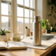 Gegraveerde roestvrijstalen herbruikbare waterfles op een modern kantoorbureau met notitieboek, vetplant en keramische mok in warm ochtendlicht.
